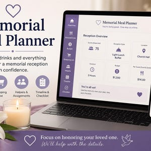 May include: A digital Memorial Meal Planner displayed on a laptop and smartphone screen. The interface features purple accents, icons for guest lists, shopping, and timelines, with text including Memorial Meal Planner and Reception Overview.