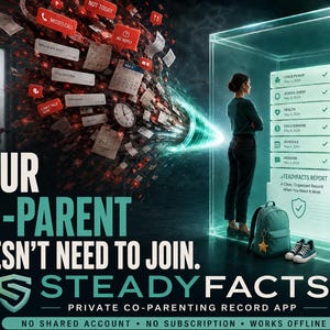 May include: A digital advertisement for SteadyFacts, a private co-parenting record app. The image shows a person standing inside a glowing blue protective cube, viewing a list of organized records, while a chaotic swirl of notifications exists outside.