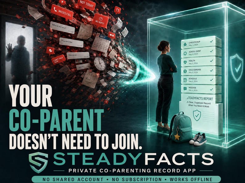 May include: A digital advertisement for SteadyFacts, a private co-parenting record app. The image shows a person standing inside a glowing blue protective cube, viewing a list of organized records, while a chaotic swirl of notifications exists outside.