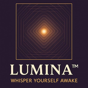 Puede incluir: Un fondo morado oscuro con un diseño geométrico dorado y la palabra "LUMINA" en letras doradas. Debajo de la palabra "LUMINA" está la frase "WHISPER YOURSELF AWAKE" en letras doradas.