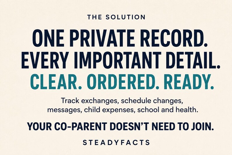 May include: A graphic with a cream background and dark blue and teal text. It reads: THE SOLUTION, ONE PRIVATE RECORD. EVERY IMPORTANT DETAIL. CLEAR. ORDERED. READY. Track exchanges, schedule changes, messages, child expenses, school and health. YOUR CO-PARENT DOESN'T NEED TO JOIN. STEADYFACTS.