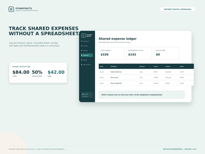 May include: A digital interface for the SteadyFacts shared expense ledger app. The screen displays financial tracking data, including a total ledger of $326, outstanding amounts of $142, and a school activity fee breakdown of $84.00 with a 50% share.