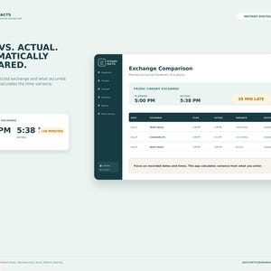May include: A digital interface for the SteadyFacts co-parenting app showing an exchange comparison dashboard. The screen displays planned versus actual times, variance calculations, and a table of past exchanges with dark teal and light cream accents.