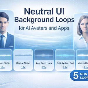 Puede incluir: Gráfico digital que promociona "Neutral UI Background Loops for AI Avatars and Apps". La imagen presenta dos avatares de IA, un hombre y una mujer, y cinco gráficos de ondas de sonido etiquetados como "Neutral Static", "Digital Noise", "Low Tech Hum", "Soft System Bed" y "Minimal Fallback".