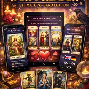 May include: Digital tarot reader app with a dark, mystical theme. The image features a tablet and two smartphones displaying tarot card readings, including "The Empress" and "Love Spread." The text reads "TAROT READER" and "ULTIMATE 78-CARD EDITION."