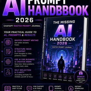 May include: The AI Prompt Handbook 2026 is a digital guide and master prompt journal featuring a dark purple and blue futuristic city cover. It includes sections for prompt writing, content structure, business applications, and self-reflection.