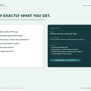 May include: A digital product information graphic titled SteadyFacts, featuring a white panel listing included items like an offline HTML app and PDF guides, and a dark green panel detailing browser compatibility and system limitations.