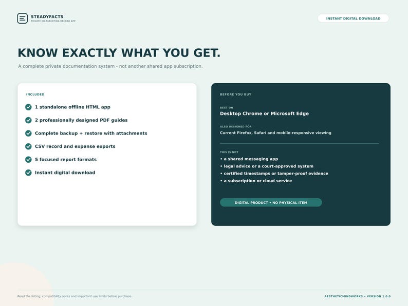 May include: A digital product information graphic titled SteadyFacts, featuring a white panel listing included items like an offline HTML app and PDF guides, and a dark green panel detailing browser compatibility and system limitations.