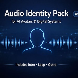 Puede incluir: Gráfico azul oscuro con el texto "Audio Identity Pack" y "Royalty-Free". Debajo, se lee "for AI Avatars & Digital Systems". Un contorno azul brillante de una persona está centrado, con gráficos de ondas de sonido a ambos lados. El texto "Includes Intro • Loop • Outro" está en la parte inferior.