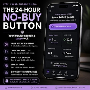 Può includere: Uno smartphone che mostra l'interfaccia dell'app 24-Hour No-Buy Button con un tema scuro, accenti viola e testo bianco. Lo schermo mostra un pulsante di pausa di 10 minuti, la serie attuale, il denaro risparmiato e lo stato del check-in.