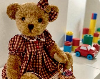 Cute Joint Teddy Bear Plush Toy with Flower Basket – Stuffed Animal Plush Bear Doll, Christmas Birthday Gift for Kids