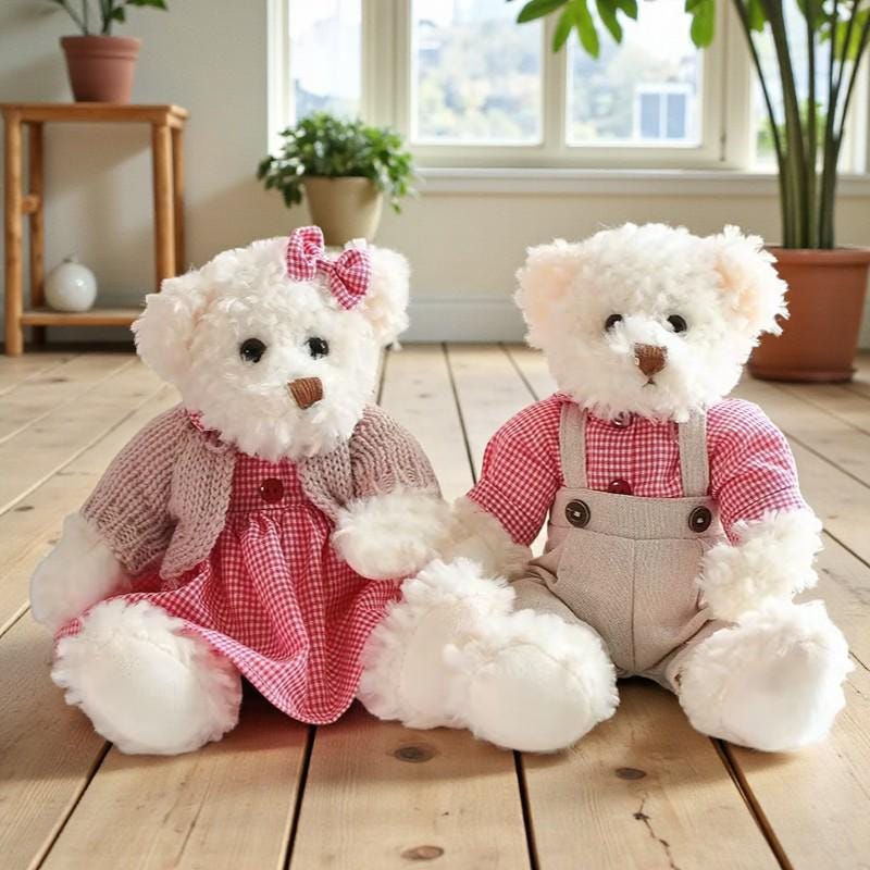 2pcs Couple Teddy Bear Plush – Kawaii Dressed Bears, Soft Stuffed