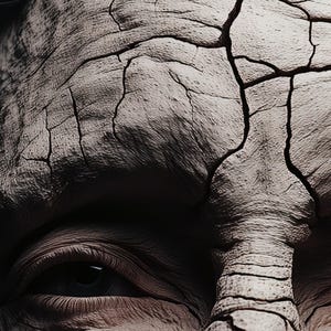 Könnte beinhalten: Nahaufnahme eines menschlichen Auges und eines Teils eines Gesichts mit einer rissigen, strukturierten Oberfläche. Das Auge ist geöffnet, mit einer dunklen Pupille und einer hellen Iris. Die Haut hat ein raues, trockenes Aussehen mit tiefen Rissen.