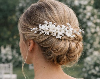Pettine per capelli da sposa con fiori in ceramica bianca, fermaglio per capelli con gypsophila e perle, accessorio per capelli da sposa, articoli per matrimoni