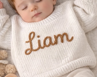 Personalized Hand Embroidered Cotton Knit Sweater, Custom Baby Name Jumper