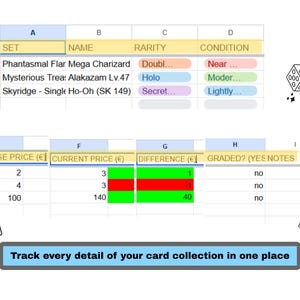 May include: Spreadsheet showing card collection details, including card name, rarity, and condition. Purchase and current prices are listed, with a difference column. Text reads: "Track every detail of your card collection in one place."