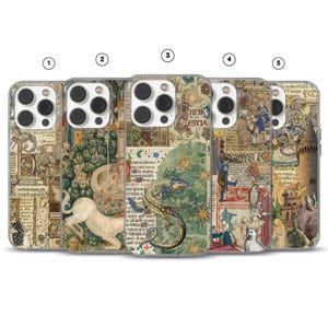 May include: Five smartphone cases featuring medieval-style tapestry art. The designs include illustrations of a white unicorn, a dragon, a stone fountain, castle towers, and intricate calligraphic text. Each case displays a unique collage of historical motifs in muted earth tones, gold, and deep blues, with circular numbered labels from one to five.