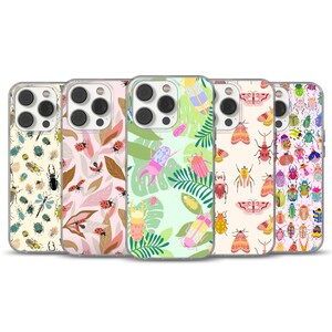 May include: A collection of five phone cases with colorful insect and leaf patterns. The cases feature various designs, including ladybugs, beetles, and butterflies, set against backgrounds of light pink, green, and cream.