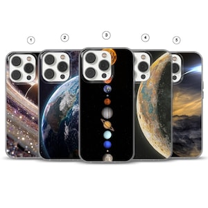 May include: A collection of five phone cases with various space-themed designs. The cases feature images of galaxies, planets, and celestial bodies. The cases are designed to fit a smartphone and offer protection with a sleek aesthetic.