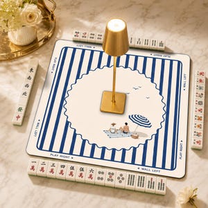 Minimal Coastal Mahjong Mat, Beach Club Decor Mahjong Accessories, Blue Stripe Design, Non-Slip Table Protection Cover, SHIPS ROLLED image 2