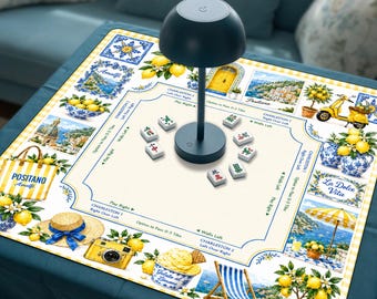 Amalfi Lemon Charleston Mahjong Mat | Positano Blue Porcelain American Mahjong Mat | Non-Slip Table Protection Cover, SHIPS ROLLED
