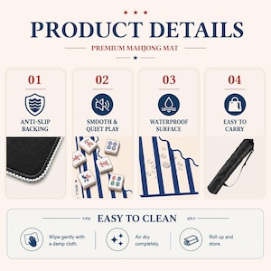 May include: An infographic titled PRODUCT DETAILS PREMIUM MAHJONG MAT featuring four numbered sections. It highlights an anti-slip backing, smooth and quiet play with mahjong tiles, a waterproof surface, and a black carrying bag. Includes cleaning instructions.