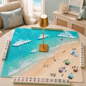 May include: A square mahjong mat featuring a high-resolution beach scene with turquoise ocean waves, white foam, and sandy shores. The mat includes miniature figures of people, surfboards, and umbrellas, surrounded by mahjong tiles on all sides.