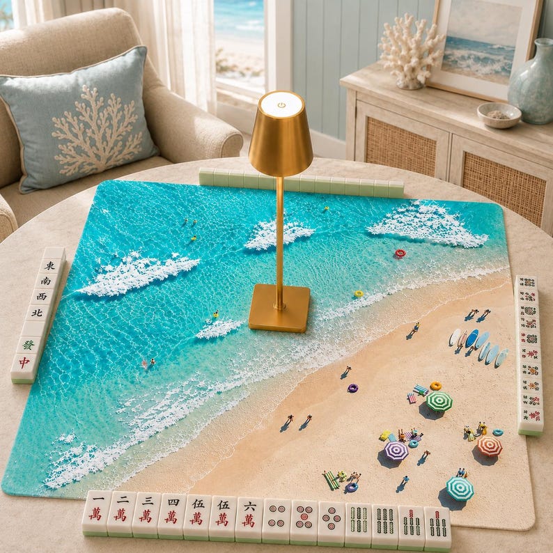 May include: A square mahjong mat featuring a high-resolution beach scene with turquoise ocean waves, white foam, and sandy shores. The mat includes miniature figures of people, surfboards, and umbrellas, surrounded by mahjong tiles on all sides.