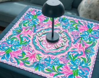 Tapis de mahjong floral tropical lavande | Tapis de Mah Jongg Aqua Resort | Tapis de jeu en tuiles colorées Palm Beach, revêtement antidérapant, expédition enroulée