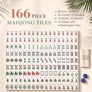 May include: A 166-piece Mahjong tile set featuring white tiles with red and green engraved symbols, including dots, bams, cracks, dragons, winds, flowers, and jokers. The set includes 10 jokers, 4 blank spare tiles, white betting sticks, and two blue dice.