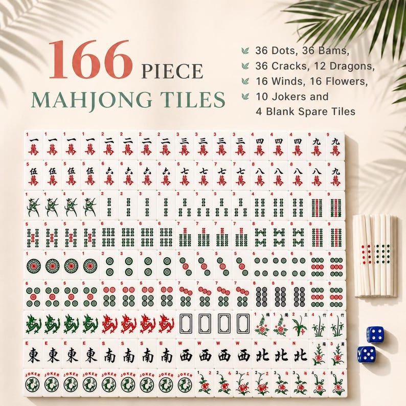 May include: A 166-piece Mahjong tile set featuring white tiles with red and green engraved symbols, including dots, bams, cracks, dragons, winds, flowers, and jokers. The set includes 10 jokers, 4 blank spare tiles, white betting sticks, and two blue dice.