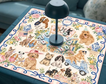 Whimsical Dog Mahjong Mat | Italian Summer Puppy American Mahjong Mat | Non-Slip Table Protection Cover, SHIPS ROLLED