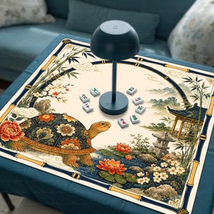 Chinoiserie Turtle Mahjong Mat, Navy Lotus Pond Mahjong Game Mat, Asian Garden Tortoise Table Cover, Elegant Mahjong Gift for Her