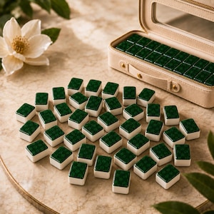 May include: A set of rectangular mahjong tiles with dark green patterned tops and white bases, arranged in a scattered formation. A beige zippered carrying case with a mirror inside holds additional tiles, featuring gold-toned hardware.