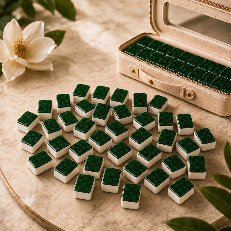 May include: A set of rectangular mahjong tiles with dark green patterned tops and white bases, arranged in a scattered formation. A beige zippered carrying case with a mirror inside holds additional tiles, featuring gold-toned hardware.