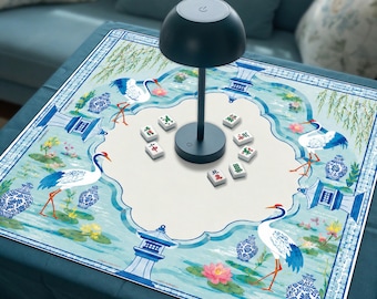 Chinoiserie Crane Mahjong Mat, Elegant Blue Floral Game Pad, Elegant Tabletop Game, Non-Slip Table Protection Cover, SHIPS ROLLED