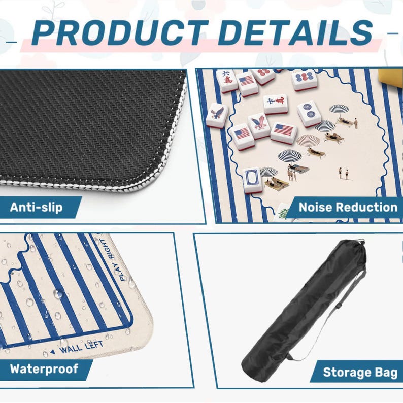Puede incluir: Un tapete de mahjong con superficie beige, rayas azules, ilustraciones de playa y el texto WALL LEFT y PLAY RIGHT. Incluye una base negra antideslizante, una superficie impermeable para reducir el ruido y una bolsa de transporte negra.