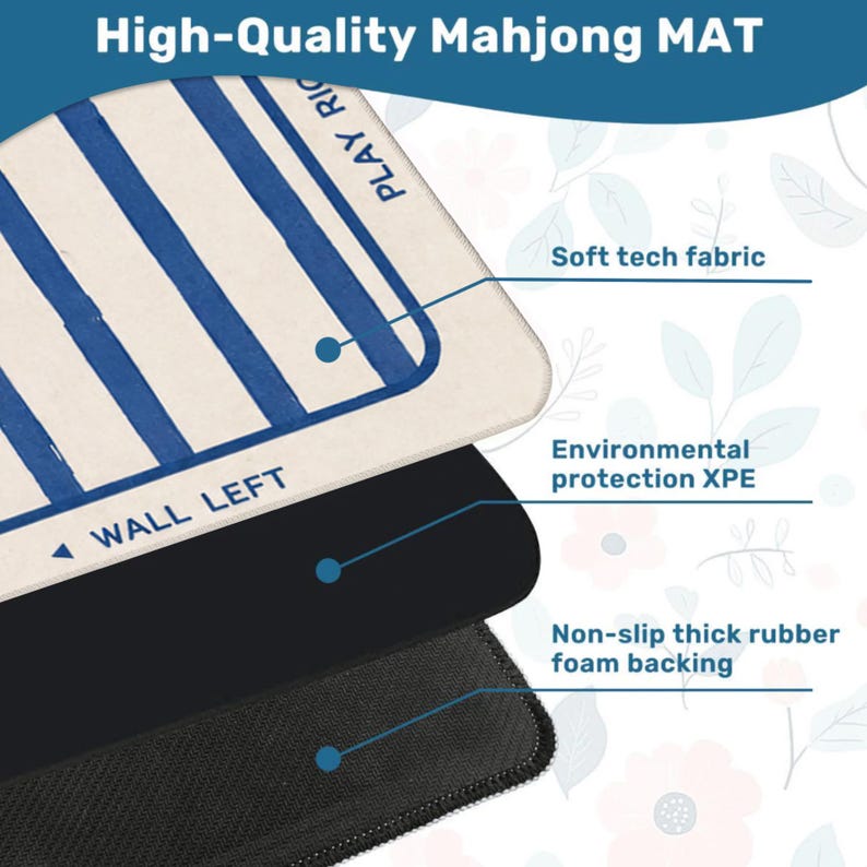 Puede incluir: Un tapete de Mahjong con una capa superior de color crema con rayas azules y el texto PLAY RIGHT y WALL LEFT. El tapete consta de tres capas: una superficie de tela t&eacute;cnica suave, una capa intermedia de XPE ecol&oacute;gica y una base de espuma de goma antideslizante.