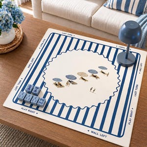 Puede incluir: Una alfombrilla de juego cuadrada con un centro blanco de borde festoneado, decorada con peque&ntilde;as ilustraciones de sombrillas de playa y tumbonas. El borde tiene rayas verticales azules y blancas con texto que incluye LAST TURN, PLAY RIGHT y WALL LEFT.