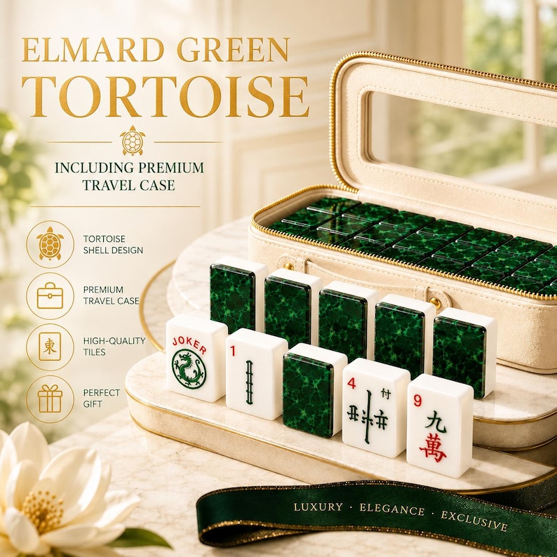 Emerald Green Tortoise Mahjong Tiles, 1.4"x1.0"x06" American Acrylic Mahjong Tiles Set, 166 pieces image 1