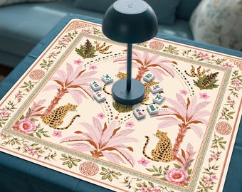 Pink Leopard Palm Mahjong Mat, Chinoiserie Floral Mahjong Gift, Preppy Tropical Mahjong Mat, Non-Slip Table Protection Cover, SHIPS ROLLED