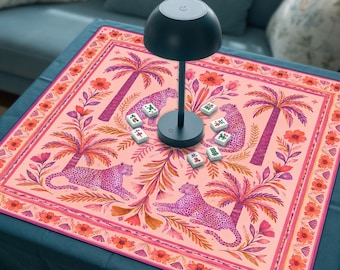 Pink Leopard Palm Mahjong Mat, Tropical Cheetah Garden Mahjong Accessories, Non-Slip Table Protection Cover, SHIPS ROLLED