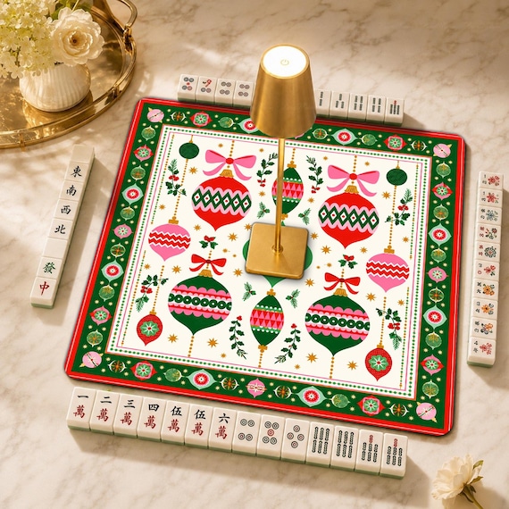 Retro Christmas Mahjong Mat, Pink Green Ornament Mahjong Mat, Preppy Holiday Mahjong Set, Festive Mahjong Gift for Her