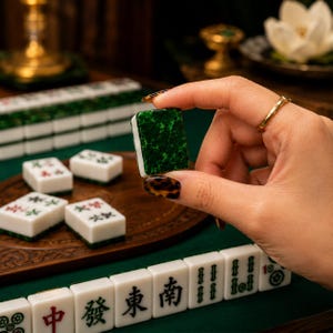 May include: A Mahjong tile with a deep green, mottled, jade-like pattern on the back, held between fingers. The tile has a white base. Other Mahjong tiles are visible on the table, some featuring black Chinese characters and red symbols.