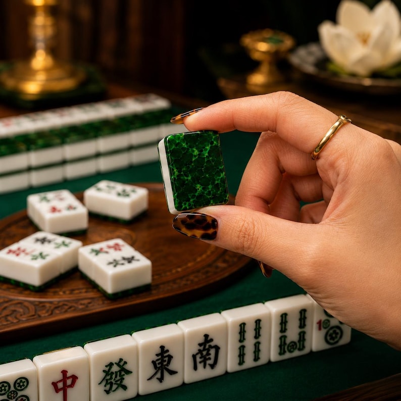 May include: A Mahjong tile with a deep green, mottled, jade-like pattern on the back, held between fingers. The tile has a white base. Other Mahjong tiles are visible on the table, some featuring black Chinese characters and red symbols.