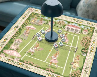 Bunny Tennis Mahjong Mat, Whimsical Rabbit Garden Mahjong Gift, Preppy Lemon Mahjong Mat, Non-Slip Table Protection Cover, SHIPS ROLLED