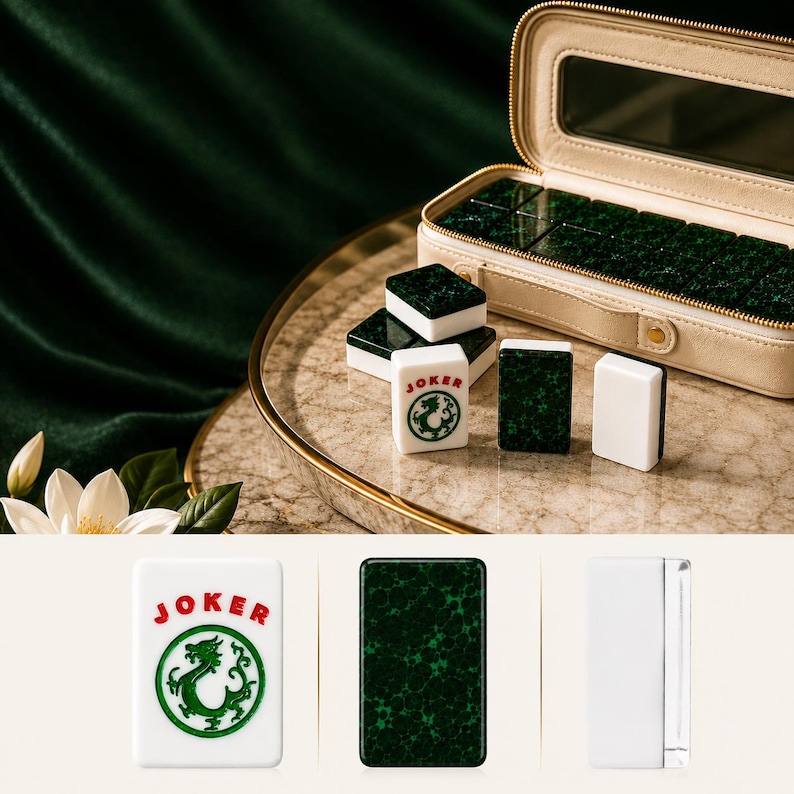 Emerald Green Tortoise Mahjong Tiles, 1.4"x1.0"x06" American Acrylic Mahjong Tiles Set, 166 pieces image 4