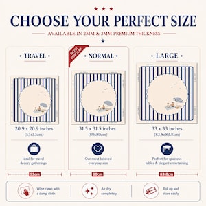 May include: A size guide chart for a square mat featuring three options: Travel at 20.9 x 20.9 inches, Normal at 31.5 x 31.5 inches, and Large at 33 x 33 inches. Each mat has a blue and white striped border and a central illustration of a beach scene.