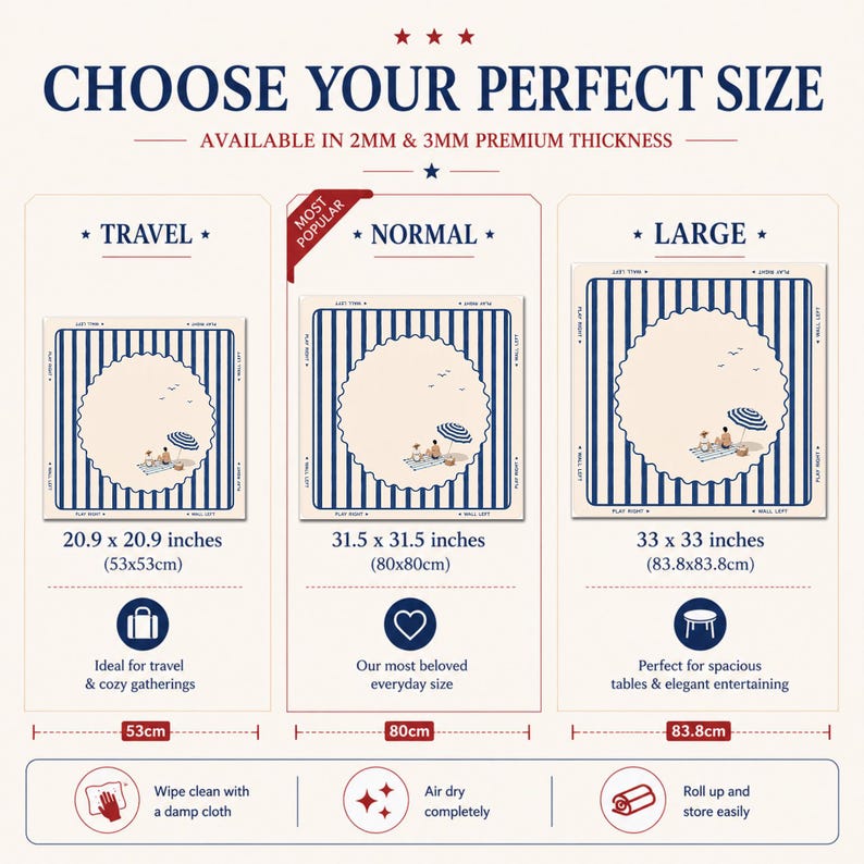 May include: A size guide chart for a square mat featuring three options: Travel at 20.9 x 20.9 inches, Normal at 31.5 x 31.5 inches, and Large at 33 x 33 inches. Each mat has a blue and white striped border and a central illustration of a beach scene.