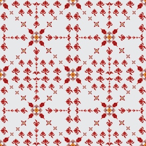 May include: A repeating pattern of red and yellow floral designs on a light gray background. The flowers are stylized with detailed petals and centers, creating a symmetrical and decorative pattern. The design is suitable for fabric or wallpaper.